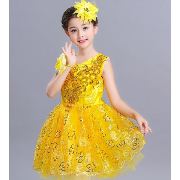 Girls gold jazz dance dresses sequin flower girls princess dress ...