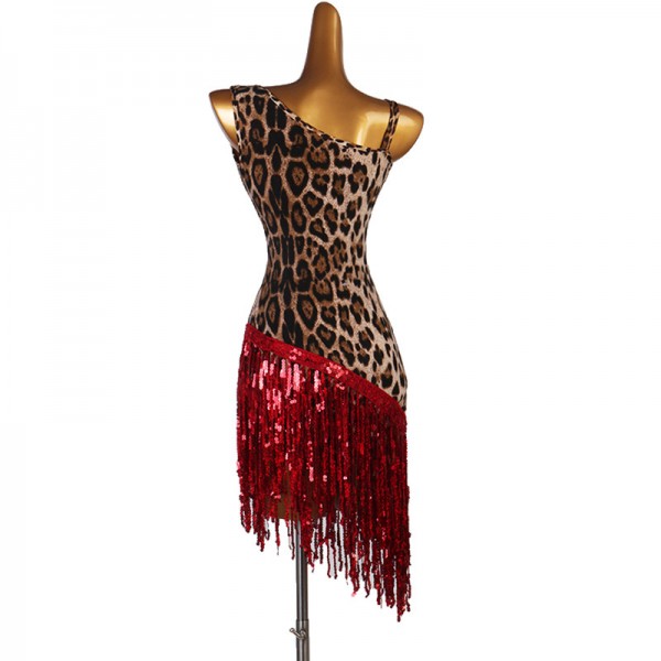 Leopard with red fringes women's latin dance dresses competition salsa ...