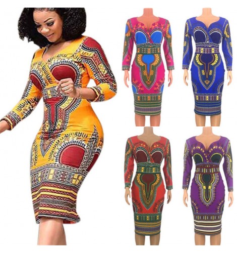 African Dresses for Women Printed Tribal Ethnic Fashion V-neck Ladies ...