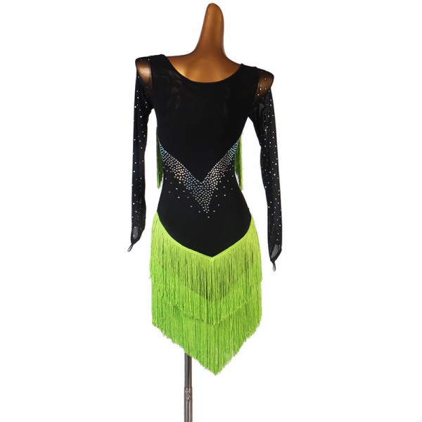 Black with neon green rhinestones competition latin dance dress for ...