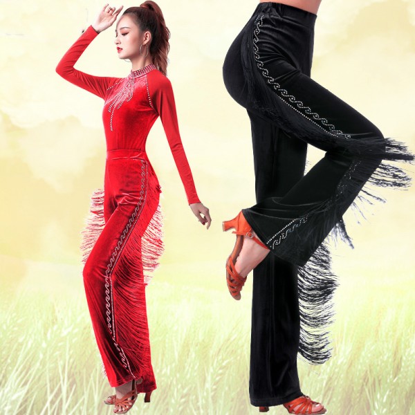 Womens Tassels Ballroom High Waist New Latin Dance Pants Trouser