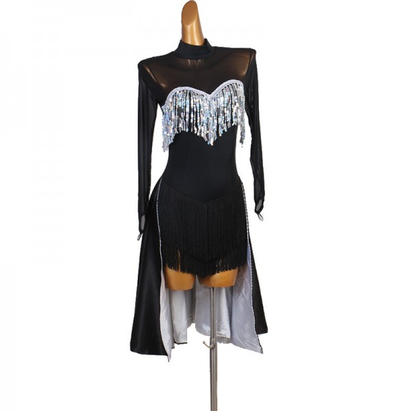 Black with silver Latin dance dresses for women tassels sequins Latin ...