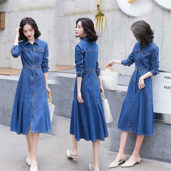 Women blue Denim dress mid-length jeans dress for female Korean