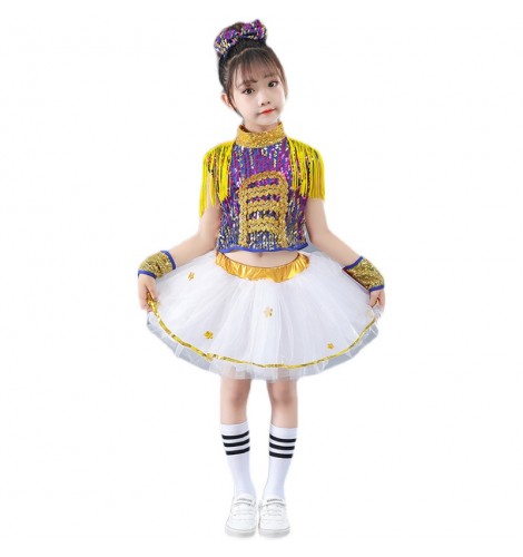 Children girls boys rainbow sequined jazz dance outfits glitter ...
