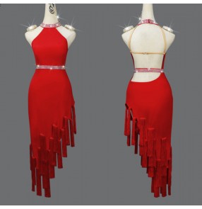Custom size red tassels competition latin dance dresses with diamond for women girls kids stage performance latin salsa rumba fringed performance costumes