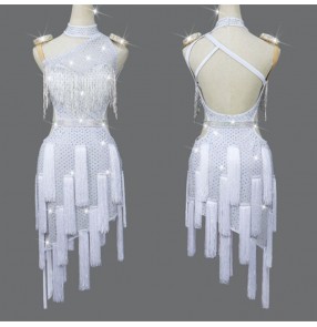 Custom size white fringed competition latin dance dresses for women girls kids tassels with gemstones salsa latin stage performance competition dance costumes
