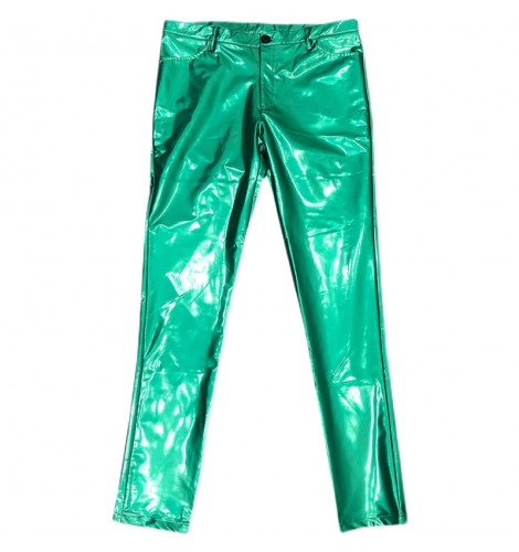 Green violet Pu Leather singers jazz dance Pants for men Elastic Tight ...