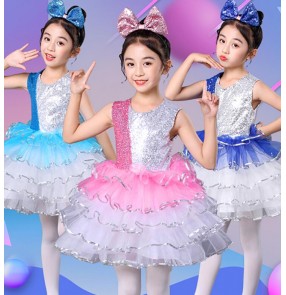 Girls Boys kids baby pink royal blue turquoise sequins jazz dance costumes princess kindergarten singer choir performance dresses 