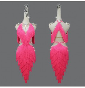 Custom size Women Girls Fuchsia Hot pink Fringe Latin Dance Dresses Layer Tassels Salsa Chacha  Dance Costumes for kids 