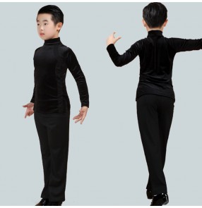Boys kids black velvet latin ballroom dance shirts and wide leg pants for children modern smooth lballroom atin dance costumes for Kids