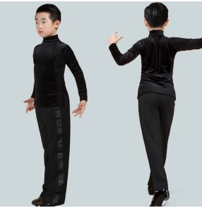 Boys kids black velvet ballroom latin dance shirts and side ribbon pants for children modern dance wear latin smooth ballroom dancing costumes 