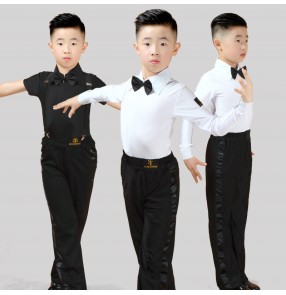 Boy kids white black ballroom latin dance shirts and pants modern waltz tango smooth dance long sleeves shirts and trousers for kids