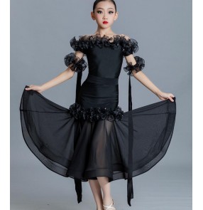 Black ruffles ballroom dance dresses for girls kids children modern waltz tango foxtrot performance skirt children's ballroom dancing clothes