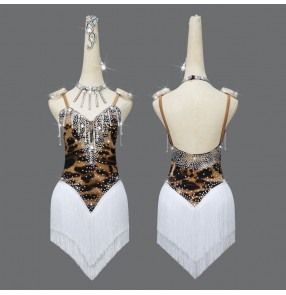 Custom size leopard with white fringe competition latin dance dresses for girls kids adult salsa rumba chacha dance costumes
