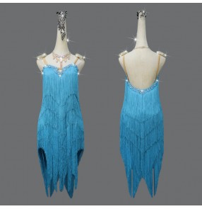 Custom size turquoise fringed latin dance dresses for women girls kids fringe salsa rumba chacha dance costumes for female
