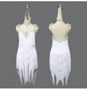 Custom size white fringed latin dance dresses for women girls kids children white tassels salsa rumba chacha dance costumes for female