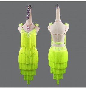 Fluorescent yellow tassels Competition latin dance dresses for women girls kids children salsa rumba chacha dance costumes for woman