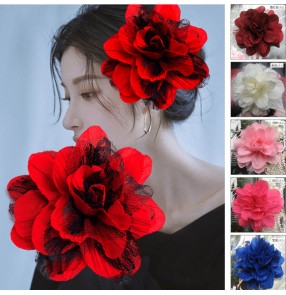 Women Girls Flamenco Latin dance flower fabric cheongsam performance Rose Headdress lace flowers corsage photo qipao headdress photo Hair accessories