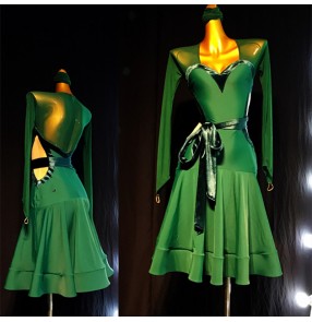Custom size dark green competition latin dance dress for women girls kids salsa rumba chacha performance dance gown for female