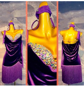 Custom size purple velvet competition latin dance dresses for women girls kids handmade tassels professional chacha rumba dance race suit for female