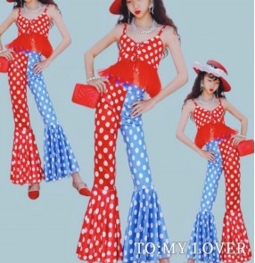 Girls kids vintage Hong Kong catwalk wave jazz Red blue polka dot Latin dance tops and pants modern show photos cosplay velvet wide leg flared trousers