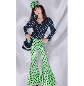 Girl Tide Vintage Hong Kong Style Catwalk Photo Performance Jazz latin Dance Outfits Green Polka Dot Stretch Velvet Wide Leg Big Flared Pants