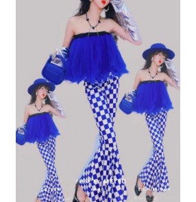 Girls Royal blue plaid jazz dance outfits for kids futuristic technology dance Latin retro Hong Kong style model catwalk fashion costumes photos shooting velvet wide leg flared pants