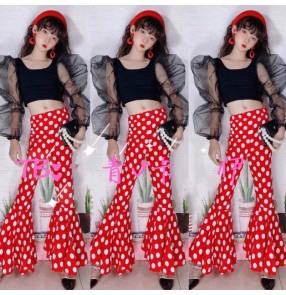 Girls Red dot Latin jazz dance costume vintage Hong Kong style catwalk model show photos red white polka dot fashion trendy wide-leg flared pants and tops