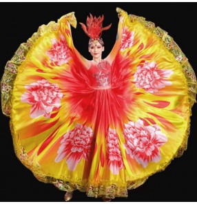 Flamenco Dance Dresses for women girls red pink flowers choir performance Dance costume female opening dance big siwng skirts for female