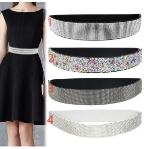 Women girls latin ballroom dance Bling rhinestones wide elastic waistband Jazz dance crystal shiny stretchable belt sashes for female