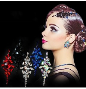 Vintage Ballroom Latin Dance rhinestones headdress for women girls black red blue silver Modern salsa rumba chacha Dance hair accessories for female