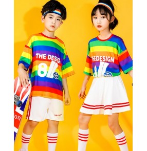 Children girls boys rainbow striped jazz dance costume Kindergarten go go dancers hiphp rapper singer dance outfits Games cheerleaders perform uniforms for kids