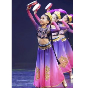 Girls fuchsia Chinese Xinjiang dance dresses for kids minority Uighur Ethnic style stage dance skirts children's xinjiang performance costumes