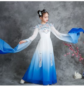 Water sleeves Hanfu dress for girls Chinese blue gradient fairy classical dance princess dress Children guzheng piano performs qing ancient style folk dance costumes