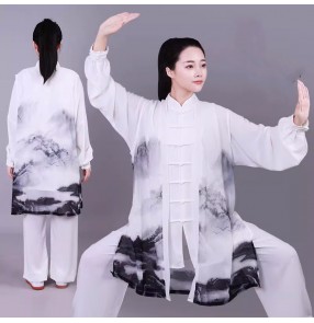 Tai Chi Clothing Black white gradient chinese kung fu uniforms for women Men wushu martial arts morning exercise group performance suit landscape clouds shawl