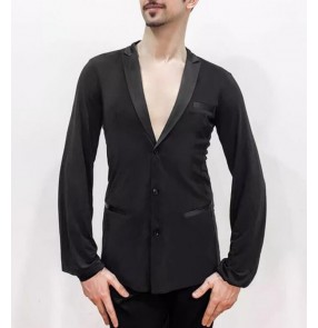 Men's black ballroom latin dance lapel collar tops ballroom tango waltz latin competition stage performance cardigan shirts for man