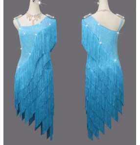 Custom size turquoise tassels competition latin dance dresses for women girls red black blue salsa rumba ballroom dance costumes for female