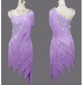 Custom size competition tassels lavender purple latin dance dresses for women young girls salsa rumba chacha ballroom performance costumes for female