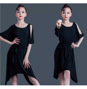 Girls kids children black hollow shoulder latin dance dresses for children ballroom irregular skirts salsa stage performance costumes for kids