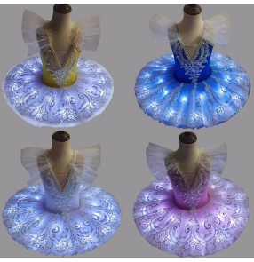 Children Girls white pink blue tutu skirts led light glitter ballet dress girls ballerina swan lake ballet performance costumes for toddlers