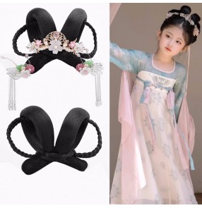 Chinese ancient folk Costume empress princess queen cosplay wigs for children girls Antique style hair bun Hanfu hair bag headwear COS stage