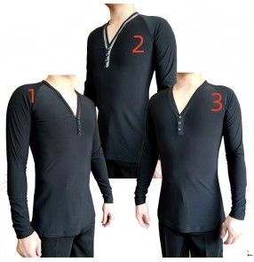 Men's Latin dance tops youth tango ballroom chacha dance shirts V-neck rib strip long-sleeved performance top training uniform