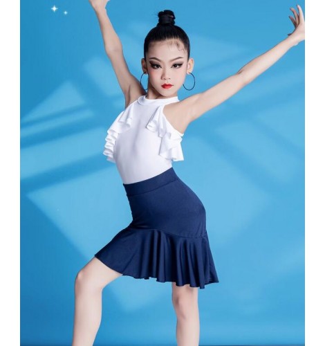 Girls kids ruffles blue white latin ballroom dance dresses modern salsa ...