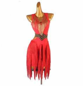 Customized size red black competition fringe latin dance dresses salsa rumba chacha stage performance ballroom performance costumes for female