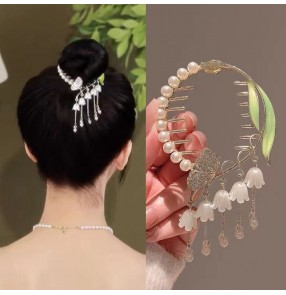 Lily of the valley fringed ponytail buckle hairpin women's balls head plate hair Chinese folk hanfu dance fairy princess cosplay  headdress hair ornament