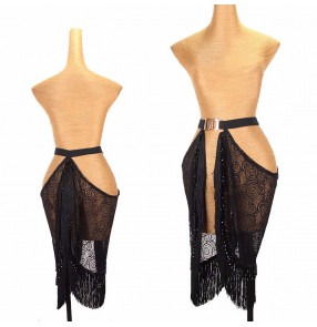 Women girls black lace fringe salsa Latin dance skirt lace tassels salsa rumba chacha jive hip scarf women's elastic band practice wrap skirt