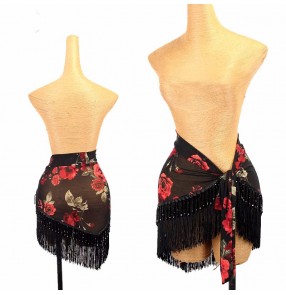 Women girls red rose flowers latin dance skirts elastic mesh salsa rumba cha cha flamenco practice dance wrap crystal tassels hip scarf for female