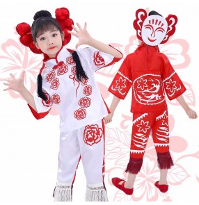 Paper cut girls Chinese folk dance costume for girls kids open Door red performance costume national stage performance Yangger dance song dress for kids