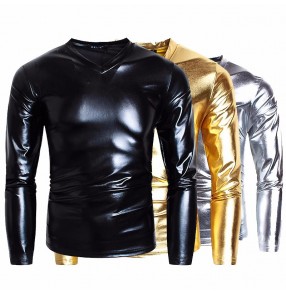 Men's youth jazz dance t shirts silver gold black shiny shirts music production night club bar singers stage performance recital tops for man