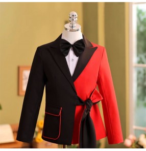 Boys kids black with red patchwork hiphop street jazz dance coats flowers boys party formal blazers host singers chorus piano performance dress suit